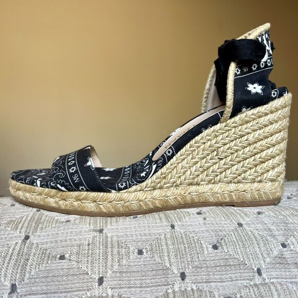 Stuart Weitzman Illeana Black Paisley Bandana Print Espadrille Sandal Women 8.5 - Picture 1 of 16